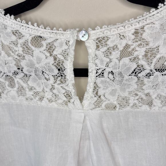 Lungo L'Arno Made In Italy 100% Linen Small Long Sleeve Lace Top Blouse Pintuck - Picture 6 of 11